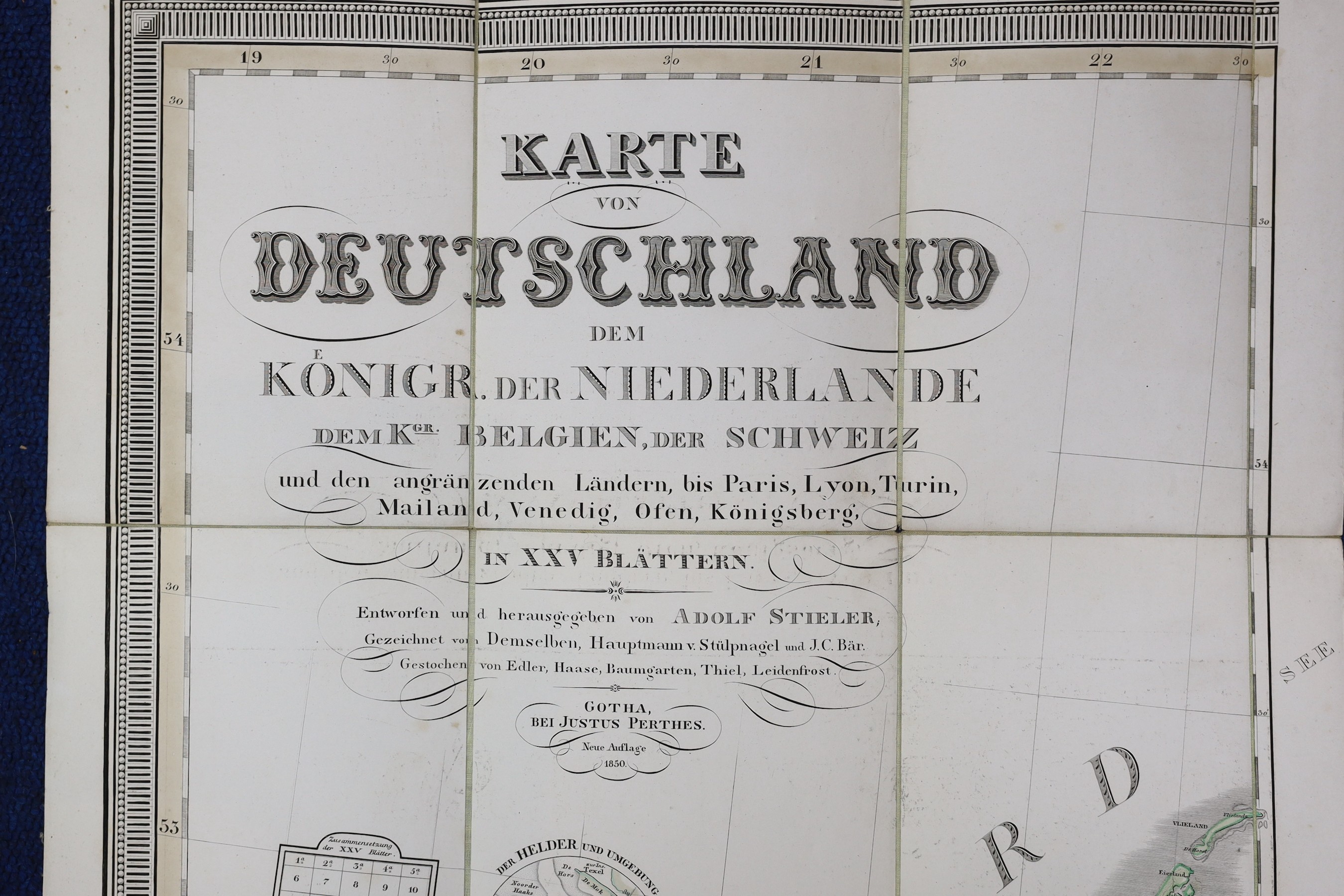 Stieler, Adolf - Germany, an incomplete set of 20 (of 25) engraved linen backed folding maps, coloured in outline, numbers 1-5, 11-25, dated 1850, 49.5 x 40.5cms. in badly damaged slip case, together with Parker, Joseph